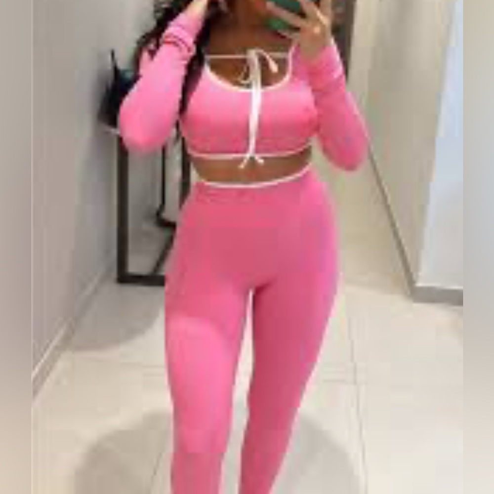 2 pc Pink Tip Long Sleeve Crop Top and Leggings Set - Picture 2 of 5